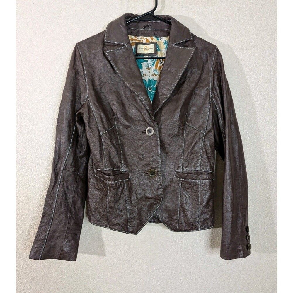 Vtg Wilsons Leather Brown Blazer Jacket Women’s Small Contrast Stitch Boho Flora